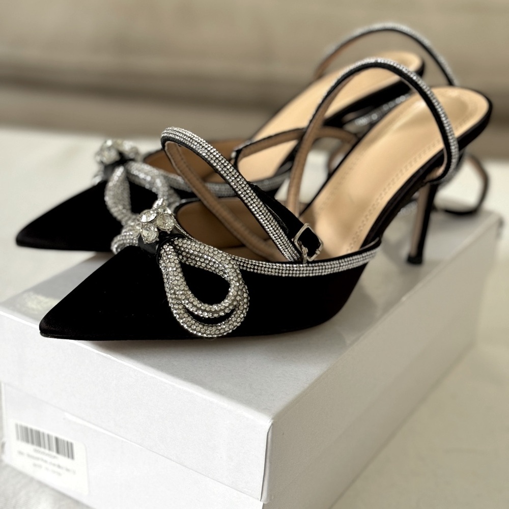 ELEGANT Black Satin Rhinestone Bow Ankle Strap Evening Pumps Heels Black Tie 7.5